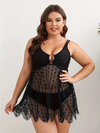 [Plus Size] Black 1950s Solid Bohemian Lace Tankini Set
