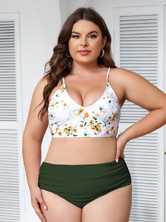 [Plus Size] Green 1950s Lace-Up Floral Bikini Set