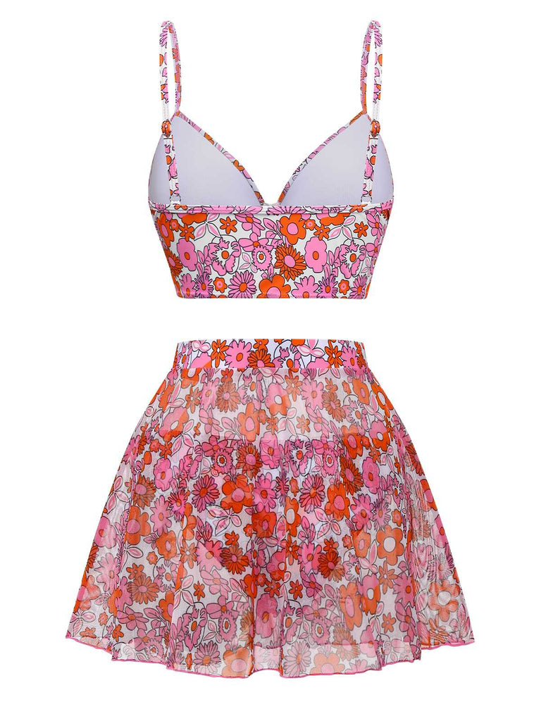 2PCS Multicolor 1950s Cartoon Floral Bikini Set & Cover-Up