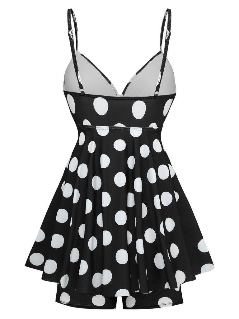 Black 1950s Polka Dots One-Piece Swim Dress