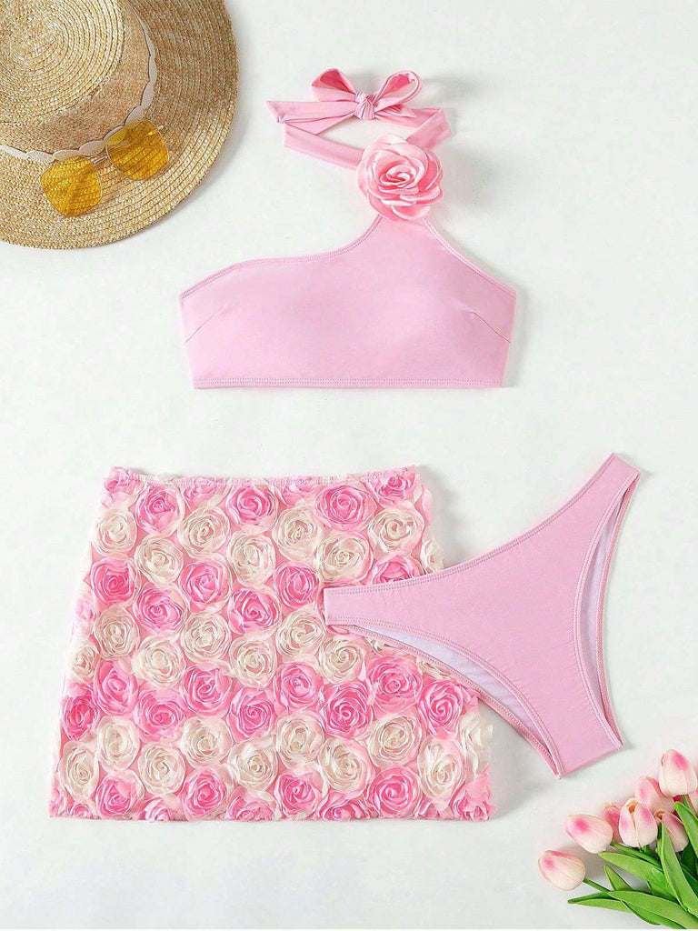 Pink 1960s 3D Roses Halter Bikini Set & Cover-Up