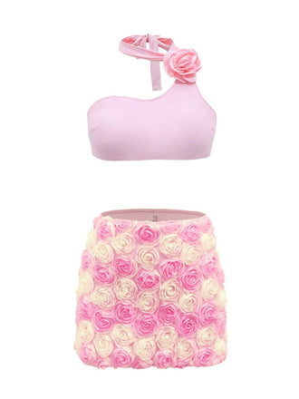 Pink 1960s 3D Roses Halter Bikini Set & Cover-Up