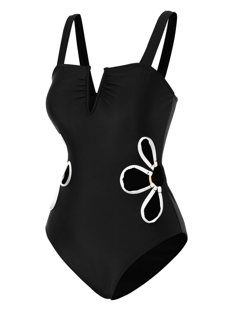 Black 1950s White Flower Hollow One-Piece Swimsuit