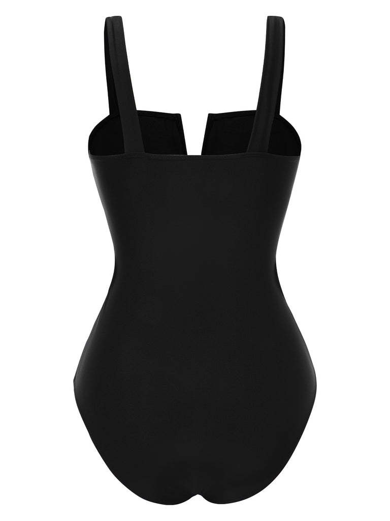 Black 1950s White Flower Hollow One-Piece Swimsuit