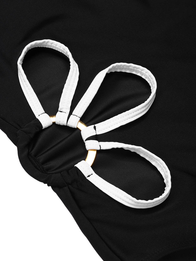 Black 1950s White Flower Hollow One-Piece Swimsuit