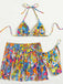 Multicolor 1960s Cartoon Prints Halter Bikini Set