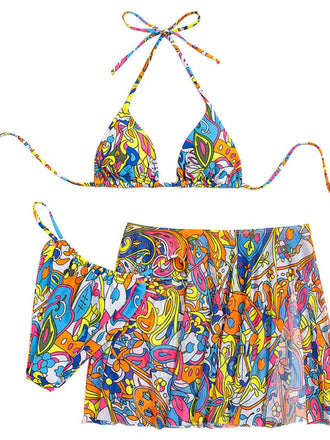 Multicolor 1960s Cartoon Prints Halter Bikini Set
