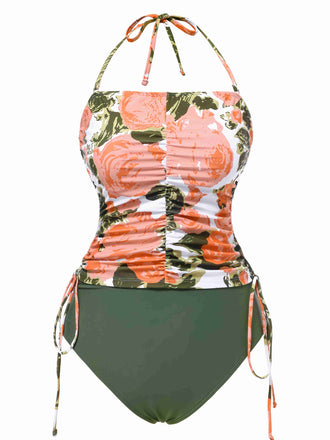 Green 1960s Bandeau Halter Floral Drawstring Swimsuit