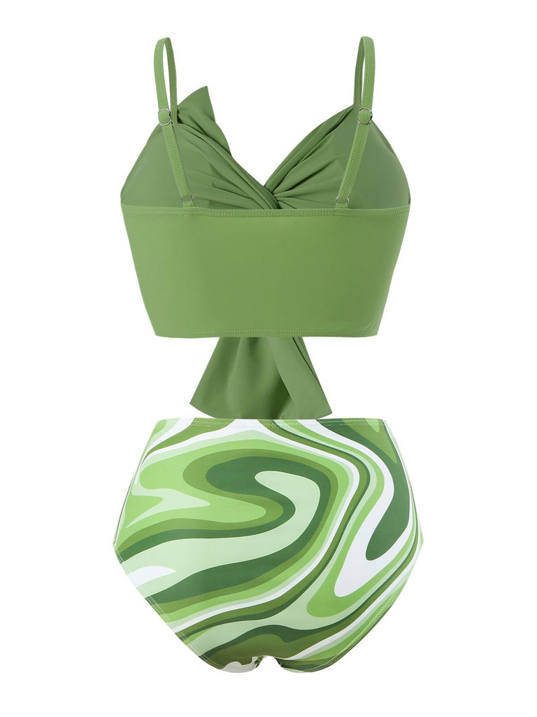 Green 1960s Knotted Watercolor Straps Swimsuit