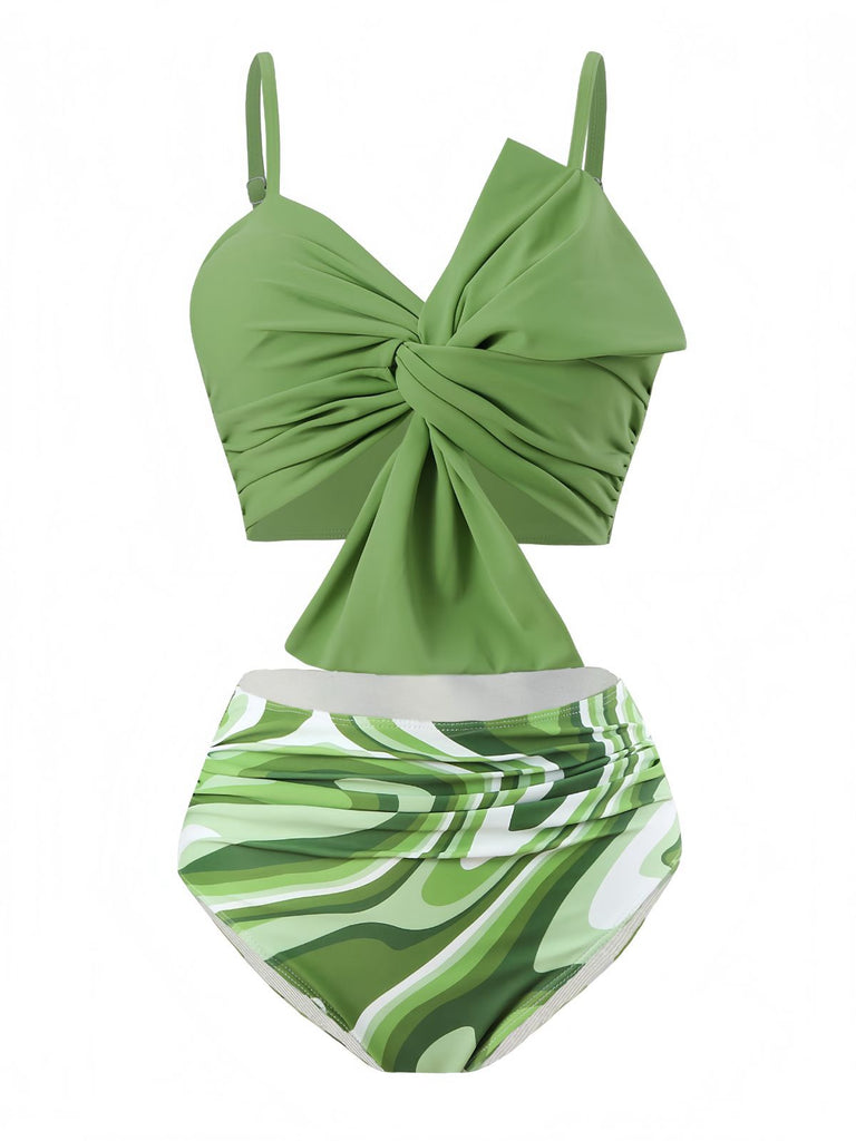 Green 1960s Knotted Watercolor Straps Swimsuit