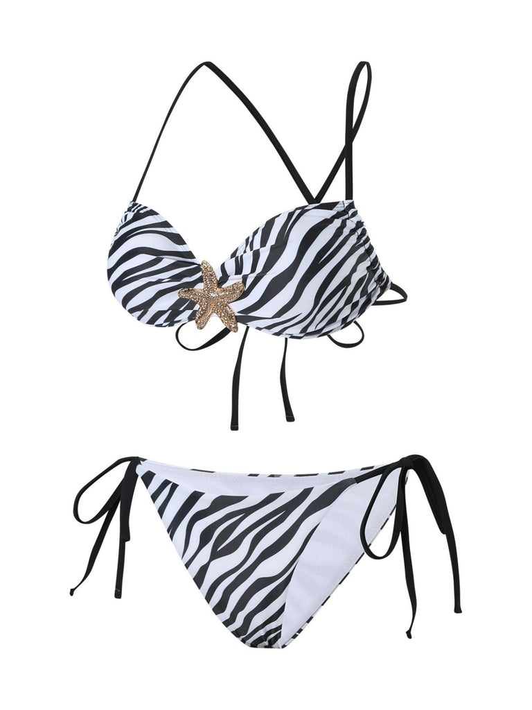 Black & White 1950s Zebra Stripes Starfish Bikini Set