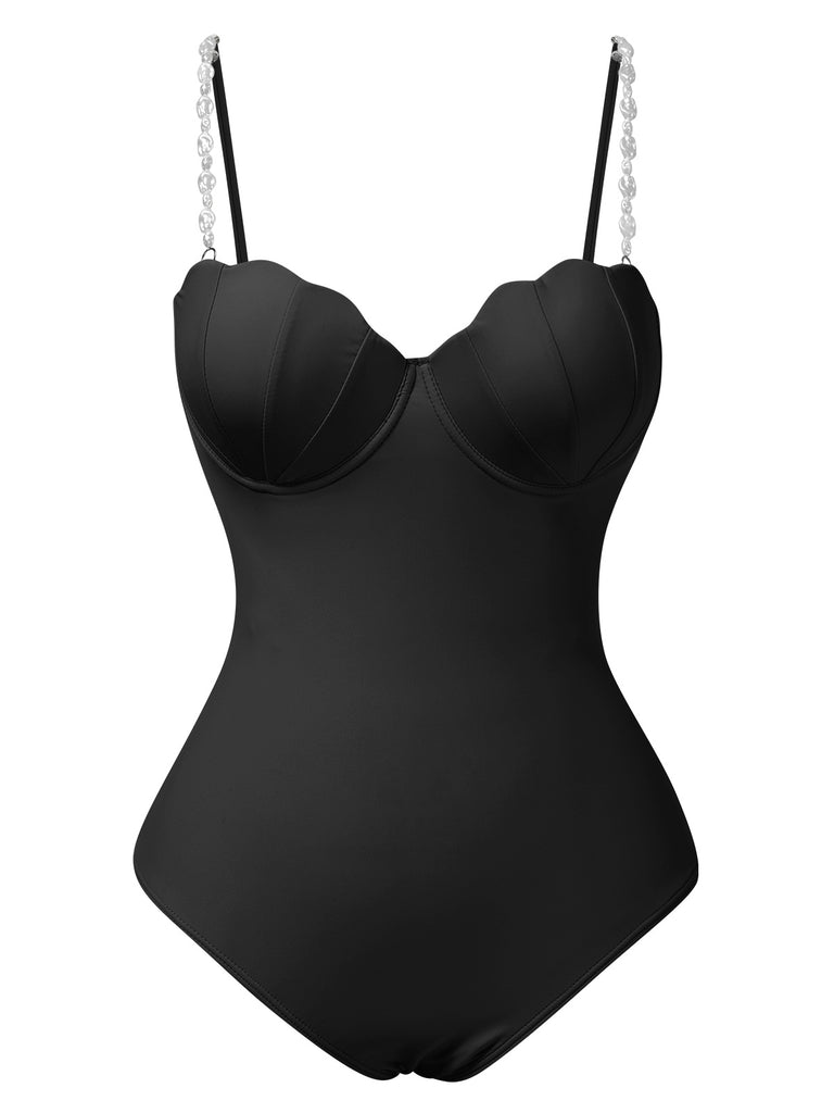 1950s Seashell Pearl Straps One-Piece Swimsuit