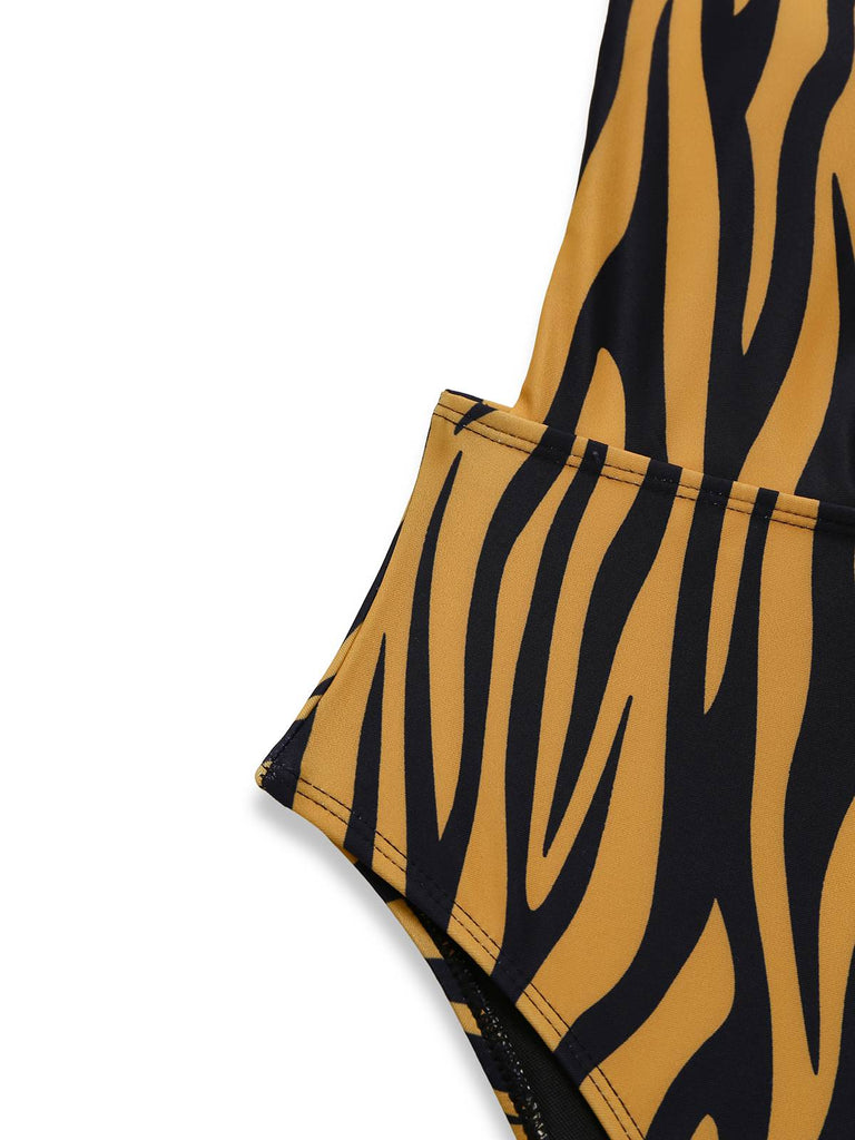 Brown 1960s Deep-V Zebra Stripe One-Piece Swimsuit