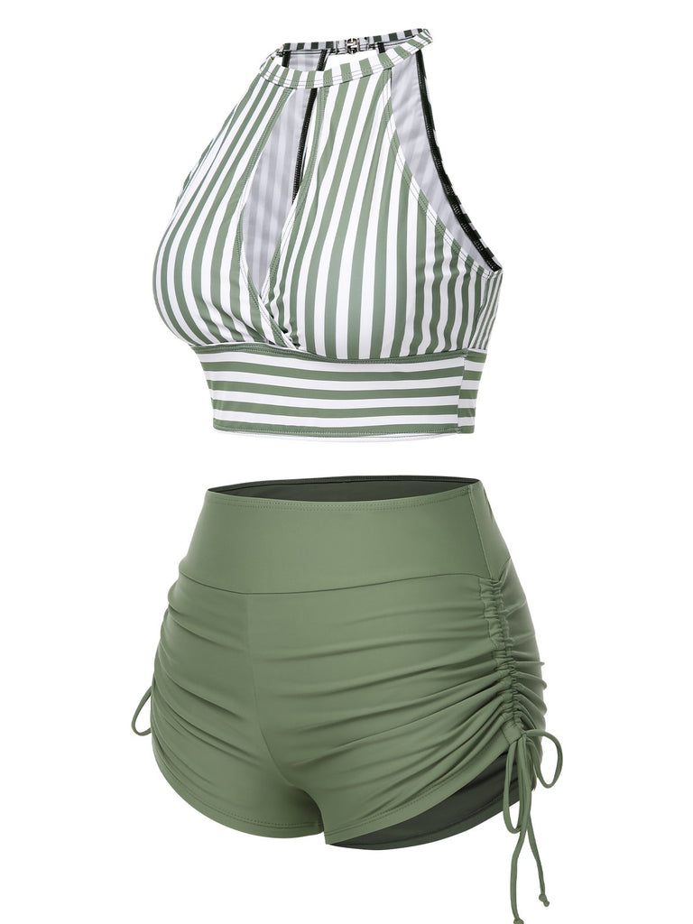 1950s Round Neck Halter Hollow Striped Swimsuit