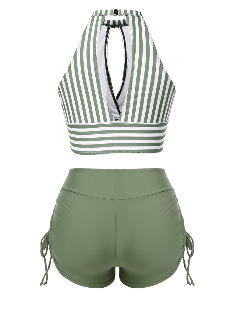 1950s Round Neck Halter Hollow Striped Swimsuit