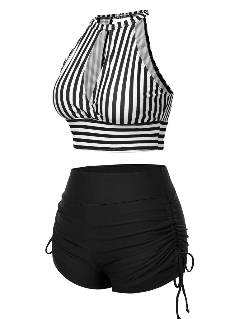 1950s Round Neck Halter Hollow Striped Swimsuit