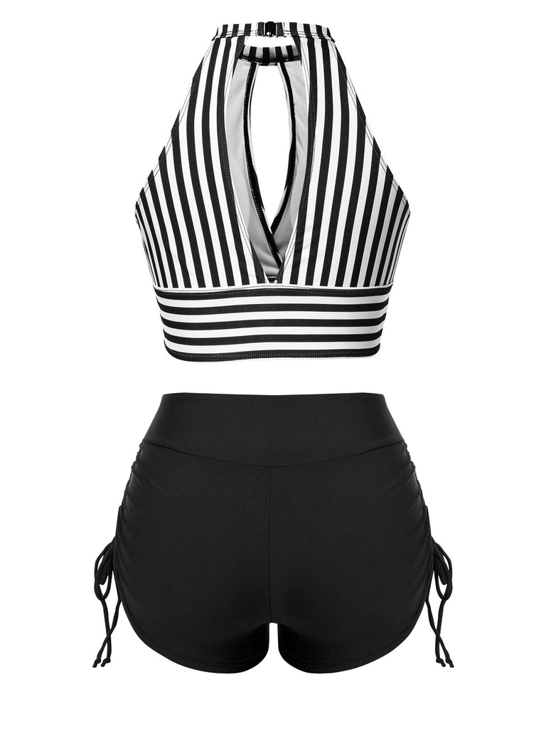 1950s Round Neck Halter Hollow Striped Swimsuit