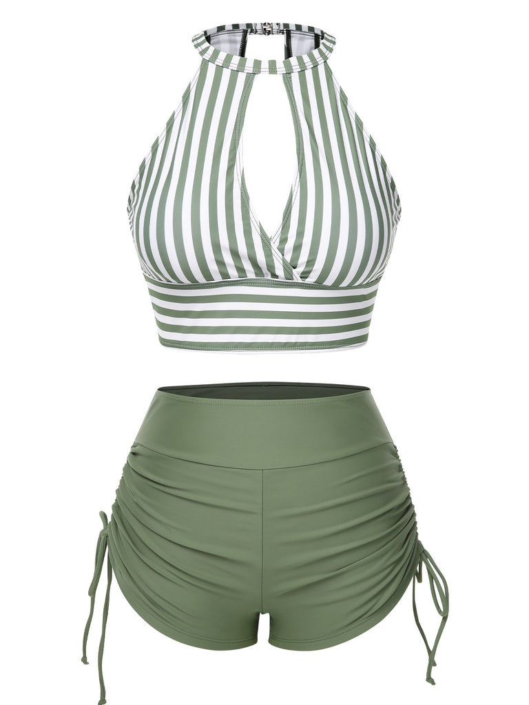 1950s Round Neck Halter Hollow Striped Swimsuit
