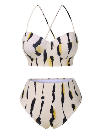 Beige 1950s Back Cross Straps Ink Splash Swimsuit