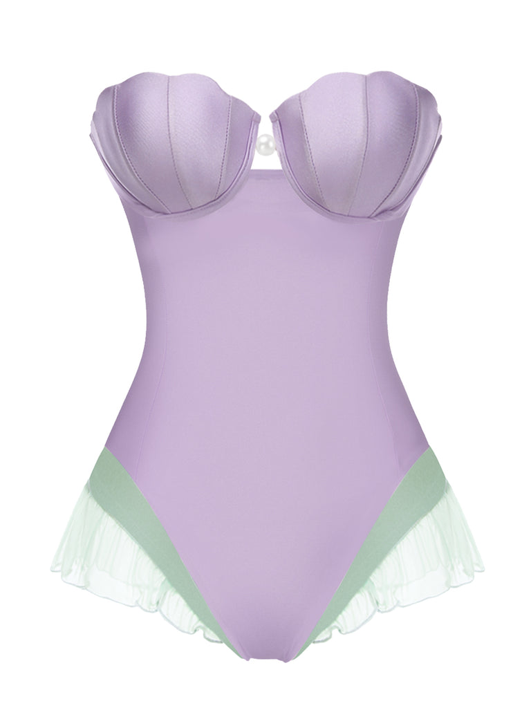Purple 1970s Shell Mermaid Bandeau One-Piece Swimsuit