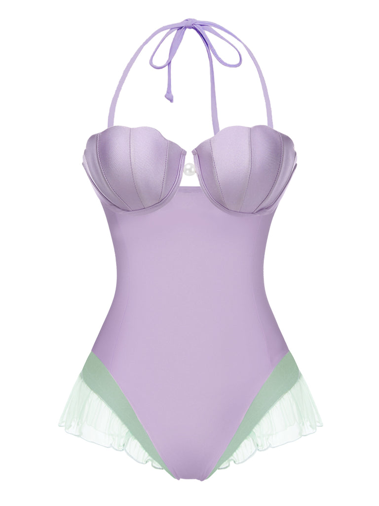 Purple 1970s Shell Mermaid Bandeau One-Piece Swimsuit