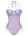 Purple 1970s Shell Mermaid Bandeau One-Piece Swimsuit