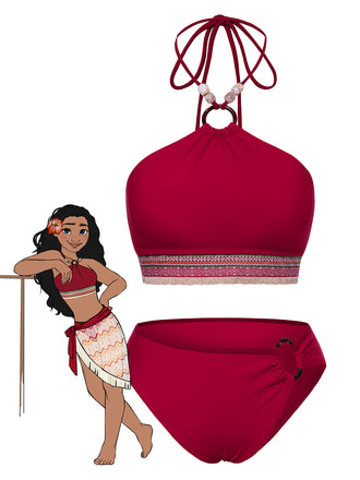 Red 1970s Princess Style Beading Halter Bikini Set