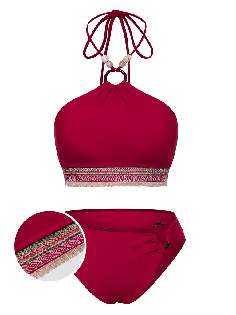 2PCS Red 1970s Princess Style Bikini Set & Fringe Cover-Up