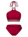2PCS Red 1970s Princess Style Bikini Set & Fringe Cover-Up