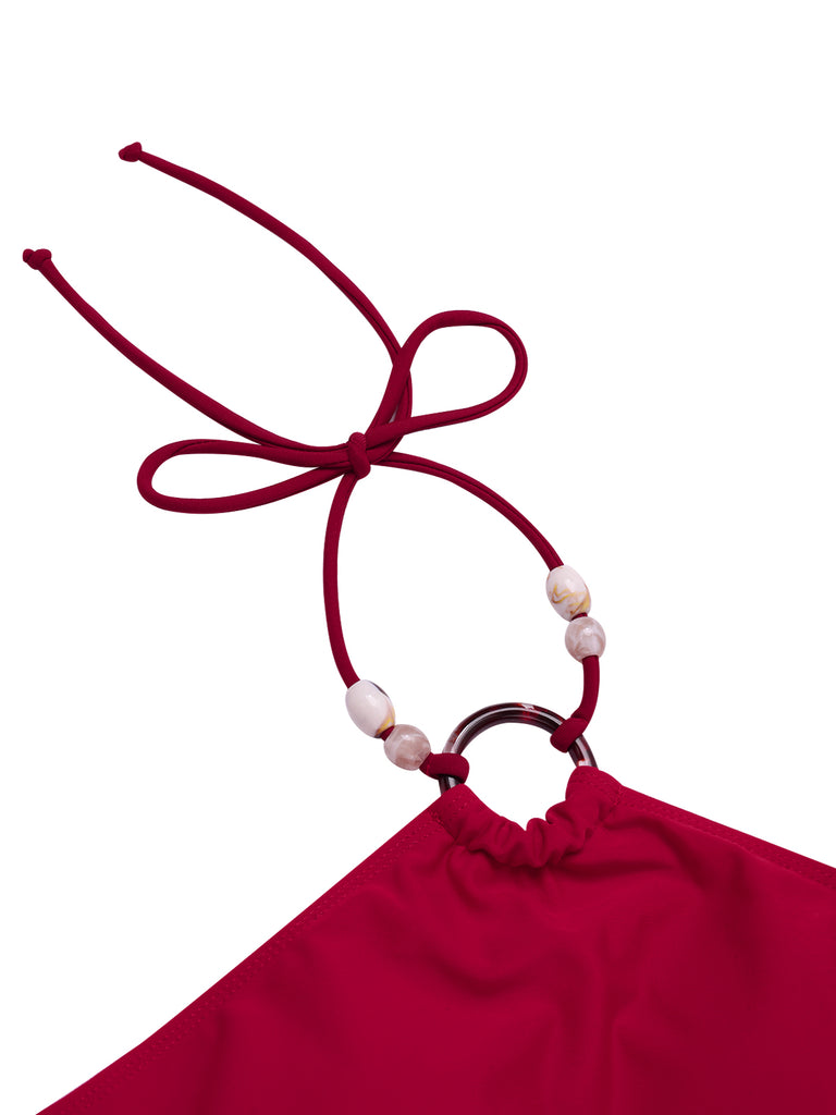 Red 1970s Princess Style Beading Halter Bikini Set