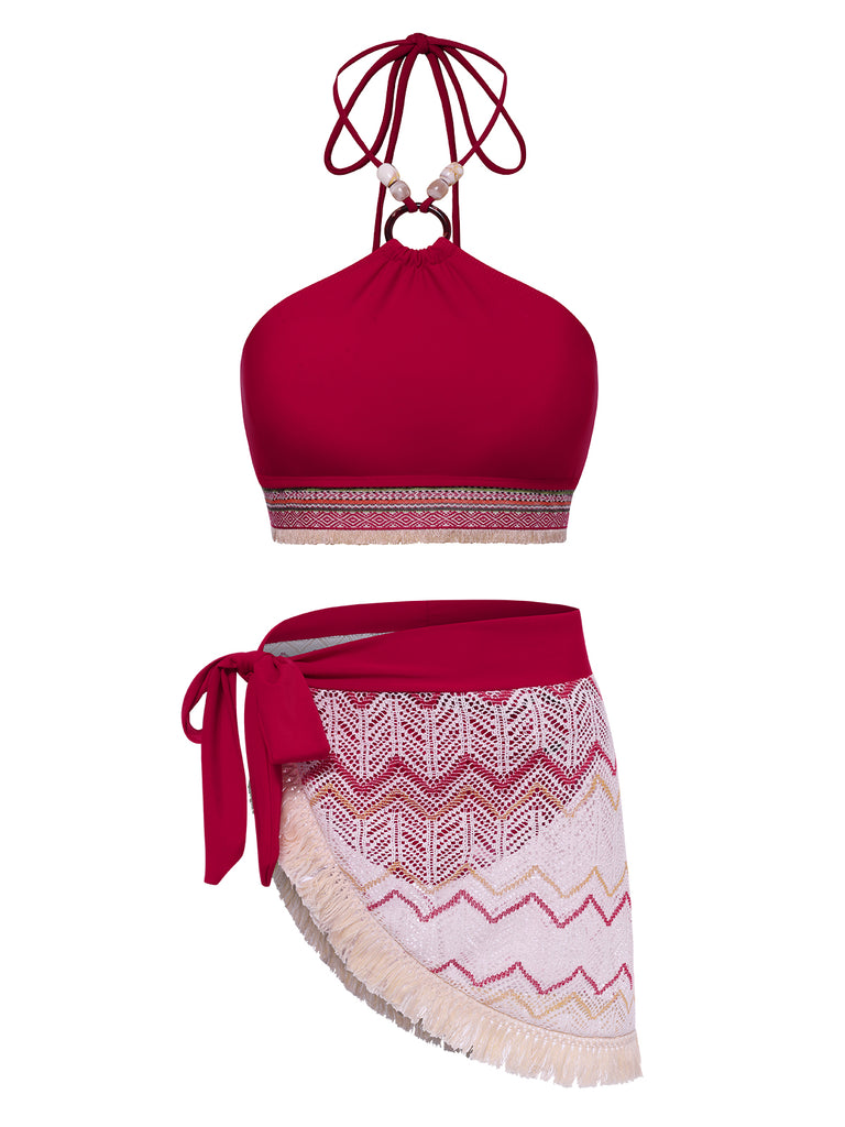 2PCS Red 1970s Princess Style Bikini Set & Fringe Cover-Up