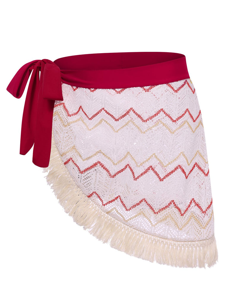 2PCS Red 1970s Princess Style Bikini Set & Fringe Cover-Up
