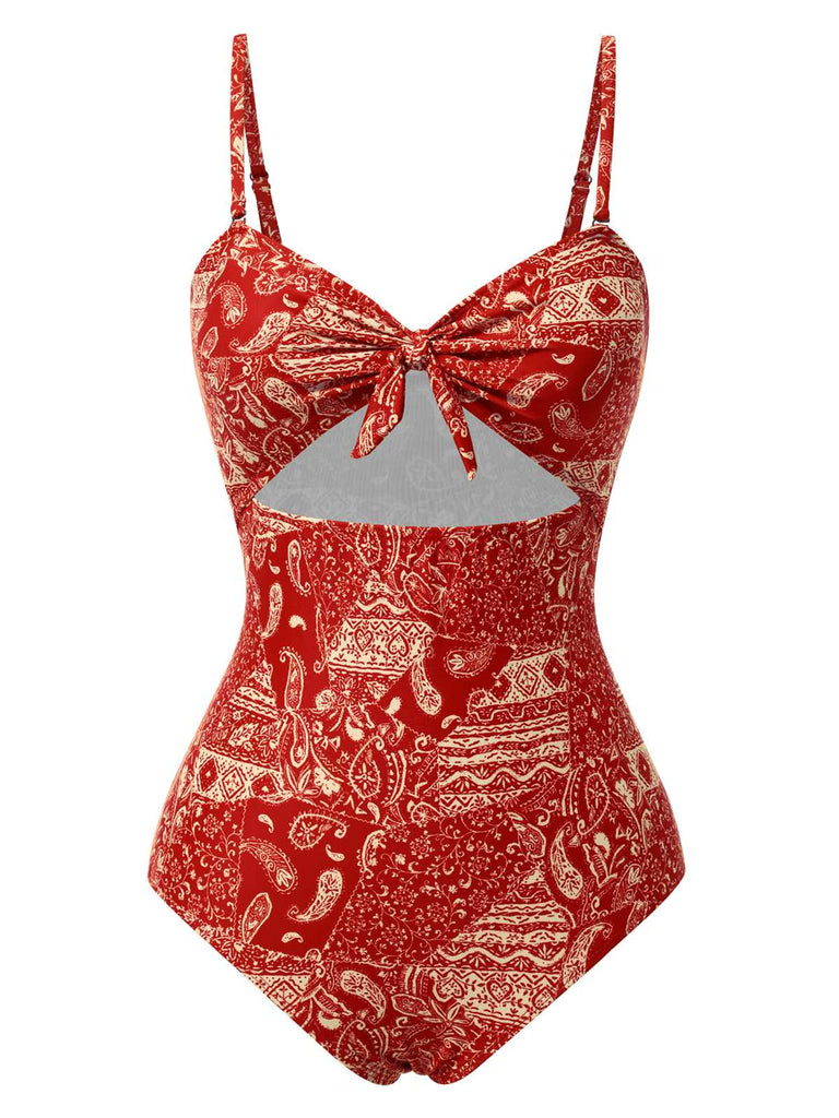 Red 1970s Paisley Hollow Spaghetti Straps Swimsuit