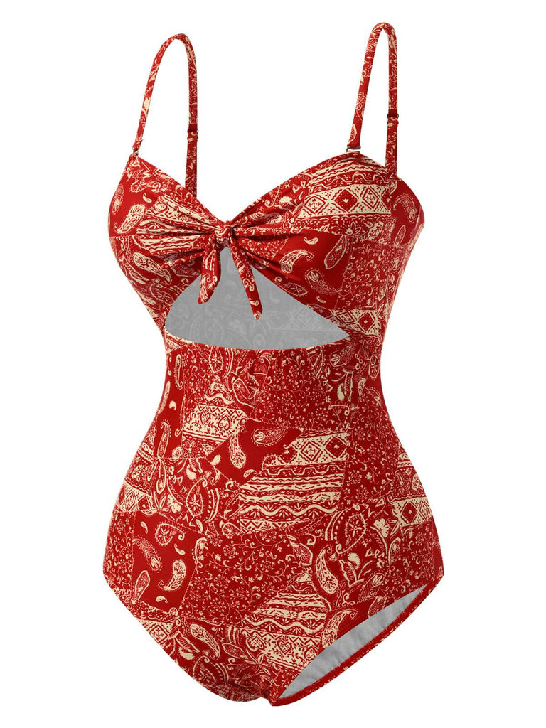Red 1970s Paisley Hollow Spaghetti Straps Swimsuit