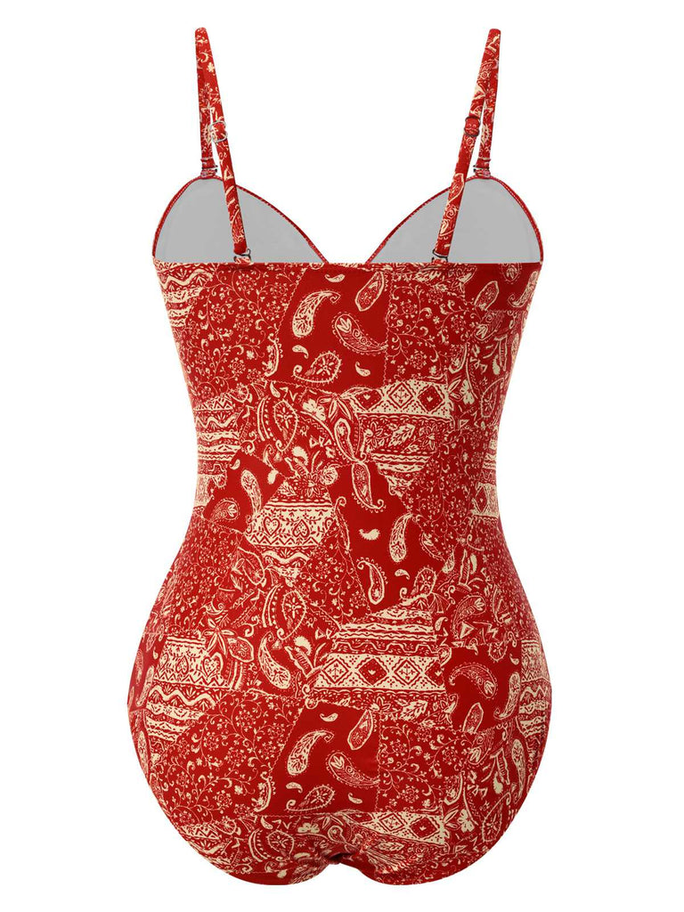 Red 1970s Paisley Hollow Spaghetti Straps Swimsuit