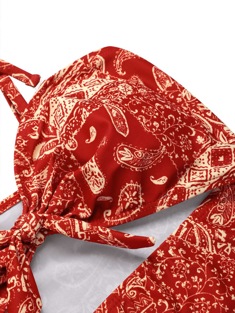 Red 1970s Paisley Hollow Spaghetti Straps Swimsuit