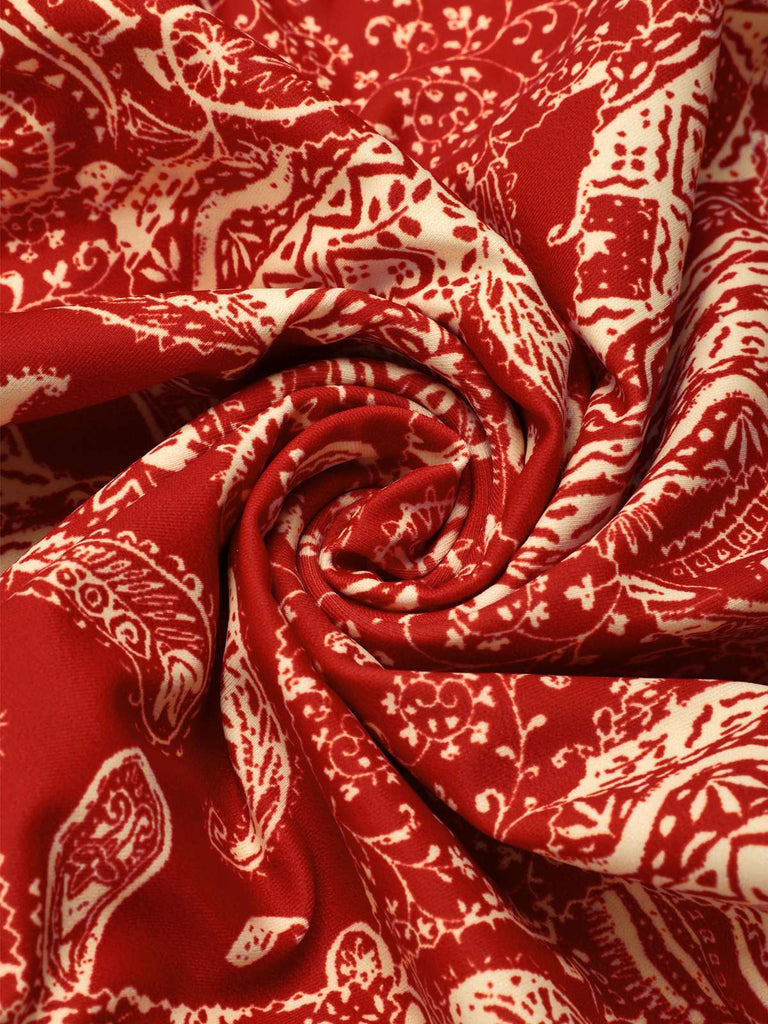 Red 1970s Paisley Hollow Spaghetti Straps Swimsuit