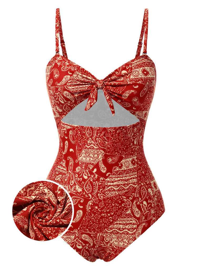 Red 1970s Paisley Hollow Spaghetti Straps Swimsuit