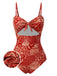 Red 1970s Paisley Hollow Spaghetti Straps Swimsuit
