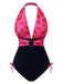 Pink 1960s Watermelon Deep V Halter Swimsuit