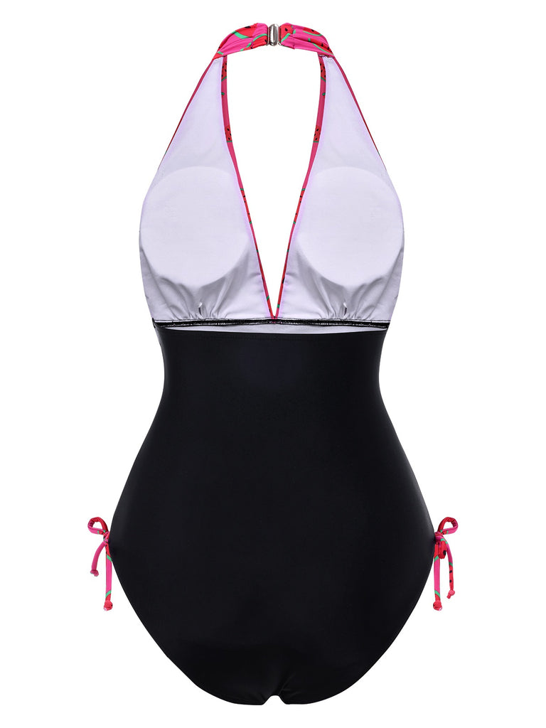 Pink 1960s Watermelon Deep V Halter Swimsuit