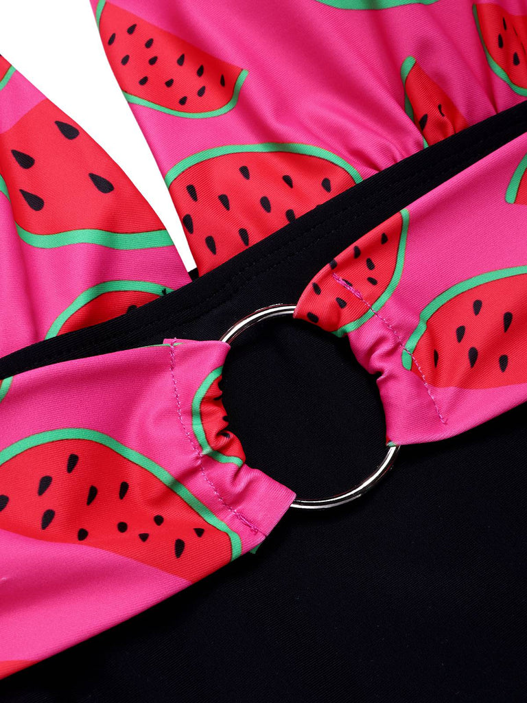 Pink 1960s Watermelon Deep V Halter Swimsuit