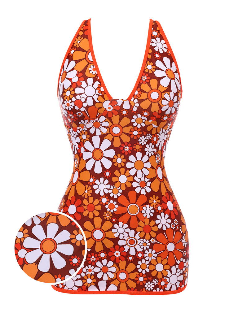 Brown 1960s Bohemian Psychedelic Floral One-Piece Swimsuit