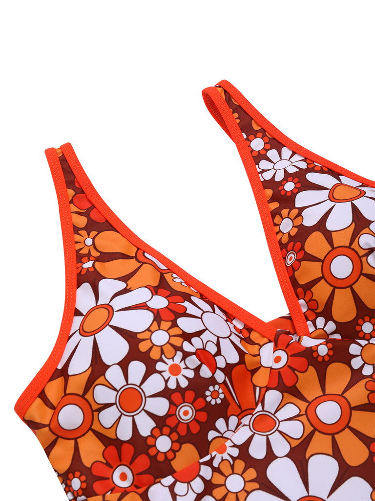 Brown 1960s Bohemian Psychedelic Floral One-Piece Swimsuit