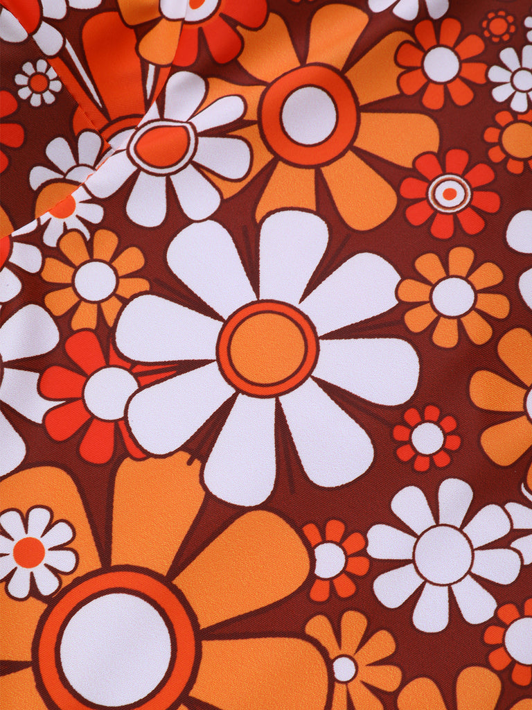 Brown 1960s Bohemian Psychedelic Floral One-Piece Swimsuit