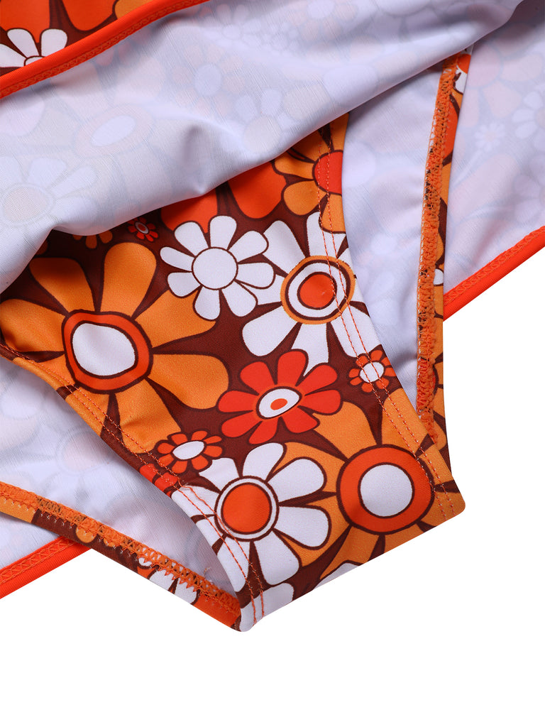 Brown 1960s Bohemian Psychedelic Floral One-Piece Swimsuit