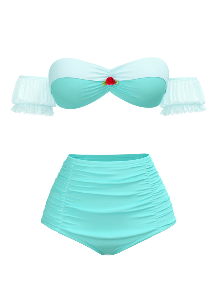 Yellow 1970s Belle Princess Style Rose Puff Bikini Set