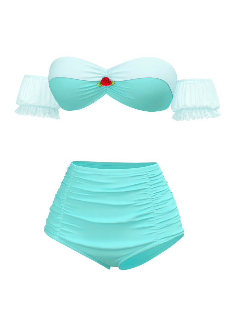 Yellow 1970s Belle Princess Style Rose Puff Bikini Set