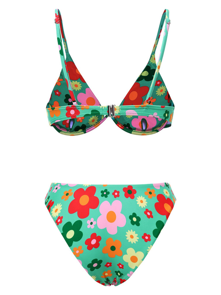 Green 1950s Cartoon Floral Bikini Set