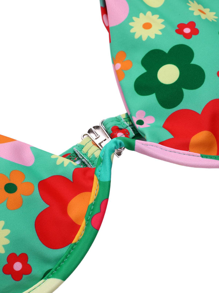 Green 1950s Cartoon Floral Bikini Set